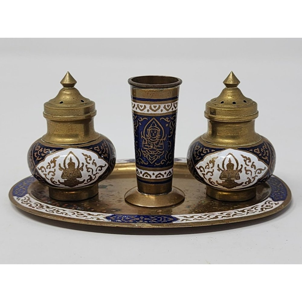 Vintage Brass Gold Salt And Pepper Shakers Tray Toothpick Holder Unmarked‎